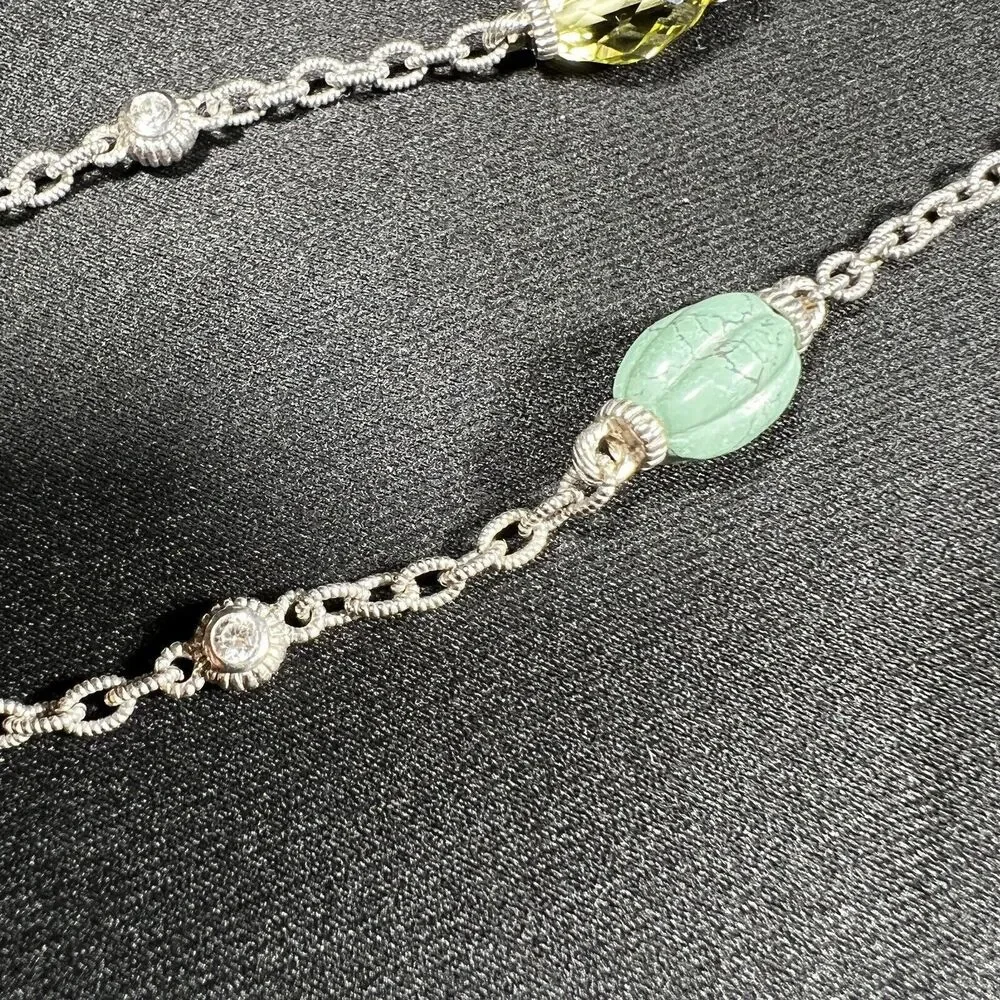 Judith Ripka Sterling Silver Green Turquoise & Lemon Quartz Station Necklace 36